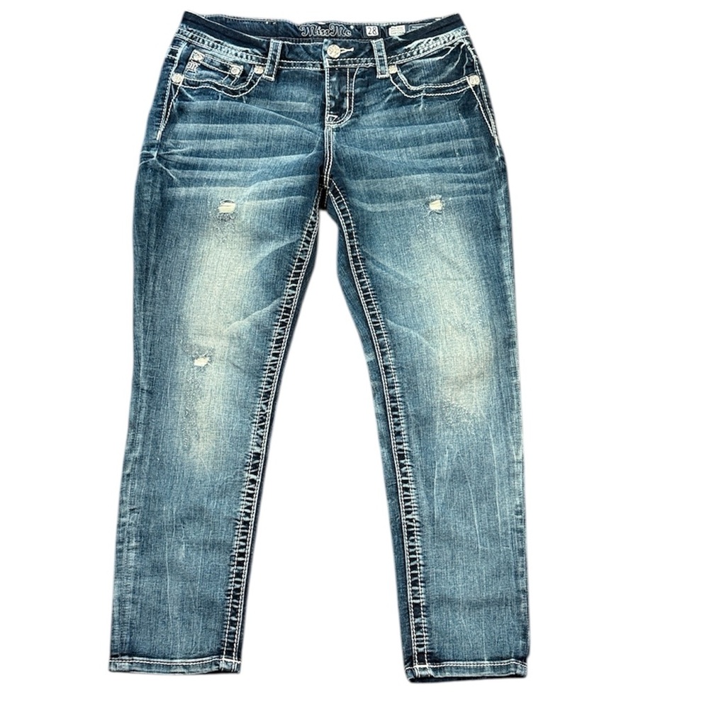 Miss Me Blue Distressed Mid Rise Easy Crop Bling Jeans Size 28